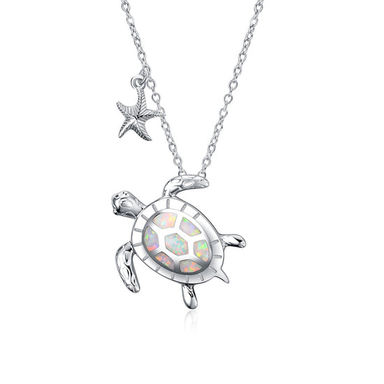 925 Sterling Silver Opal Turtle And Starfish Necklace - onlyone