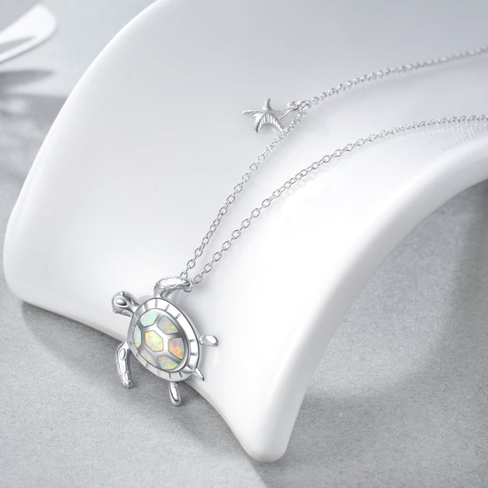 925 Sterling Silver Opal Turtle And Starfish Necklace - onlyone