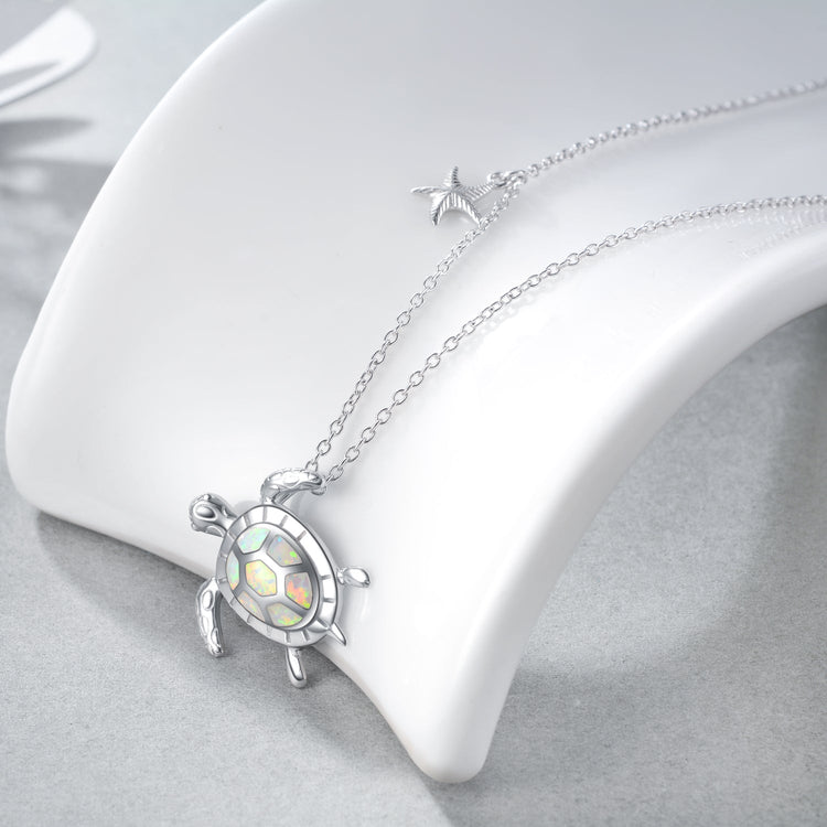 925 Sterling Silver Opal Turtle And Starfish Necklace - onlyone