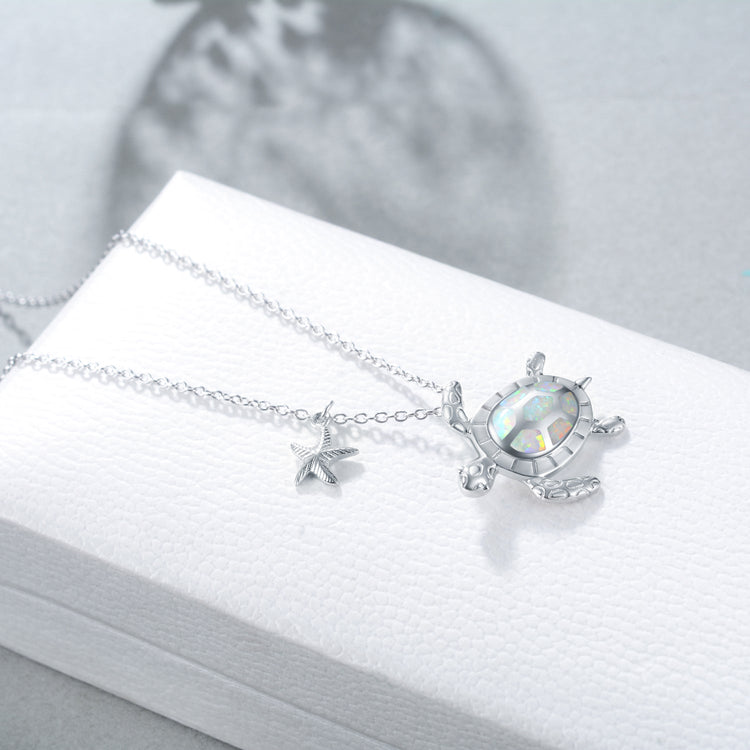 925 Sterling Silver Opal Turtle And Starfish Necklace - onlyone