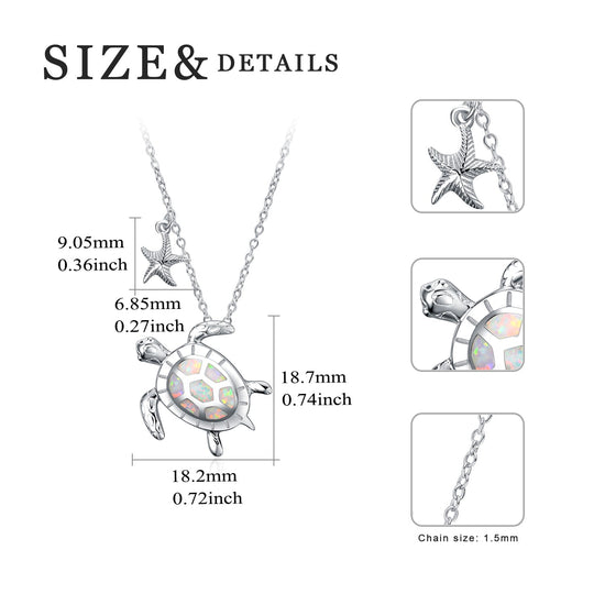 925 Sterling Silver Opal Turtle And Starfish Necklace - onlyone