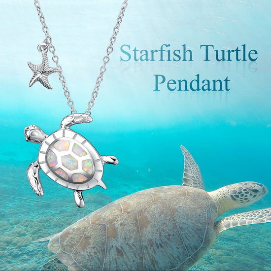 925 Sterling Silver Opal Turtle And Starfish Necklace - onlyone