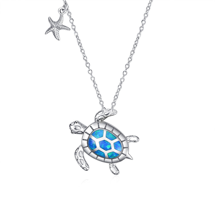 925 Sterling Silver Opal Turtle And Starfish Necklace - onlyone