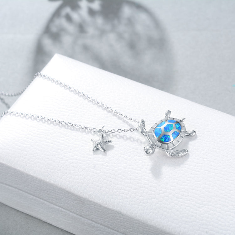 925 Sterling Silver Opal Turtle And Starfish Necklace - onlyone