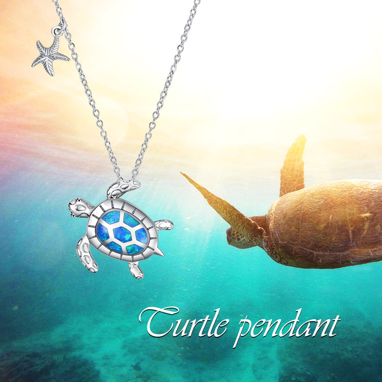 925 Sterling Silver Opal Turtle And Starfish Necklace - onlyone