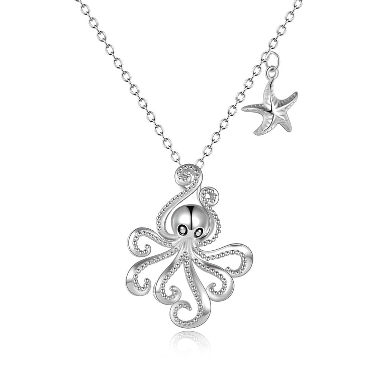 925 Sterling Silver Octopus And Starfish Necklace - onlyone