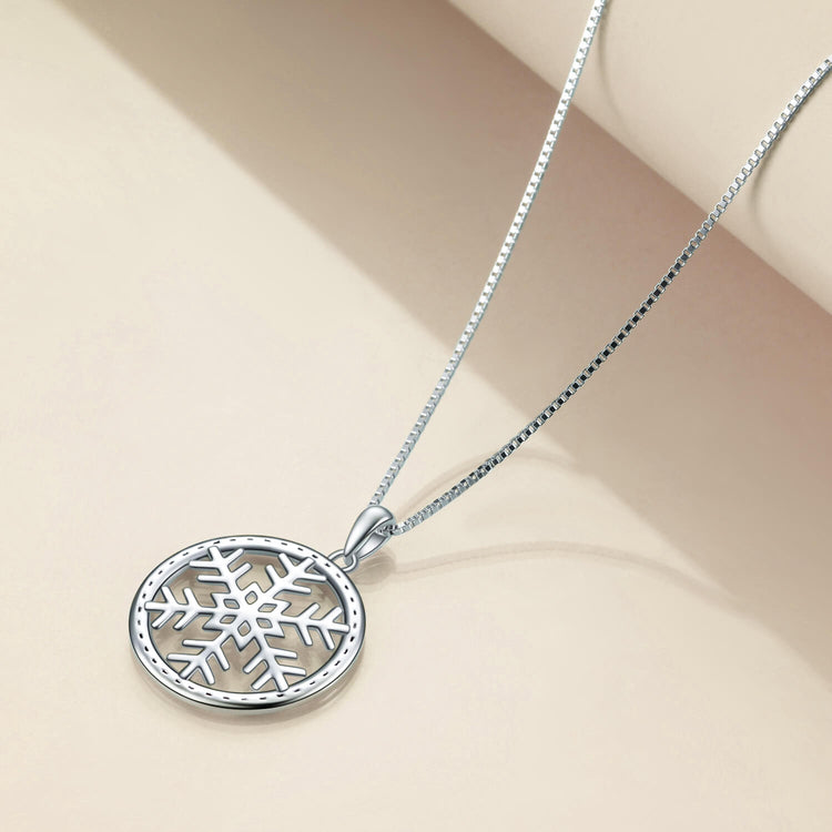 925 Sterling Silver Snowflake Necklace, Snowflake in Circle Pendant Neclace Christmas gift - onlyone