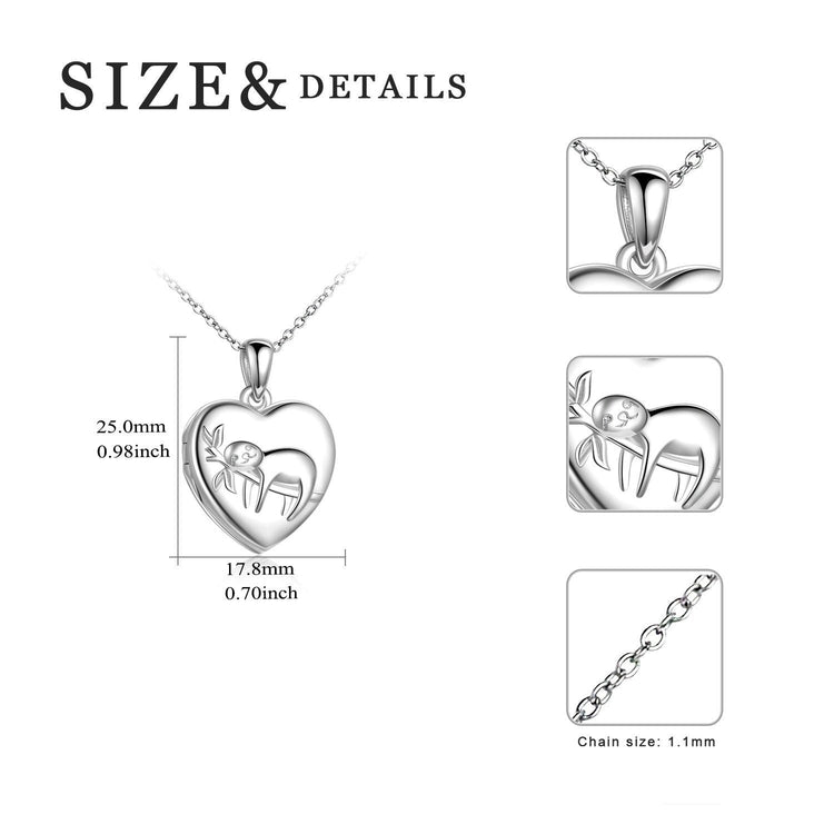 925 Sterling Silver Heart Sloth Photo Locket Necklaces - onlyone