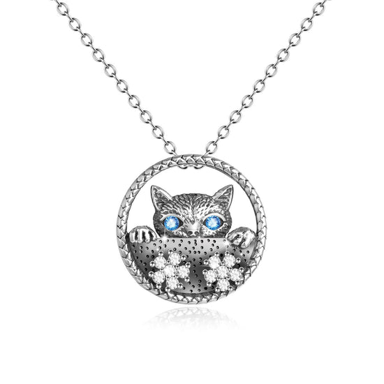 925 Sterling Silver Zirconia Cat Face Necklace - onlyone