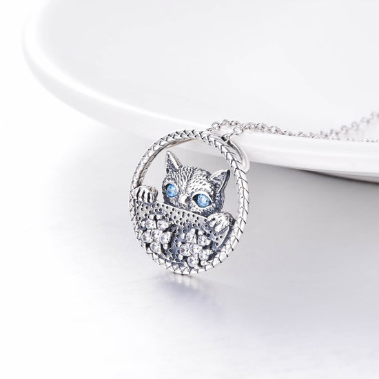 925 Sterling Silver Zirconia Cat Face Necklace - onlyone