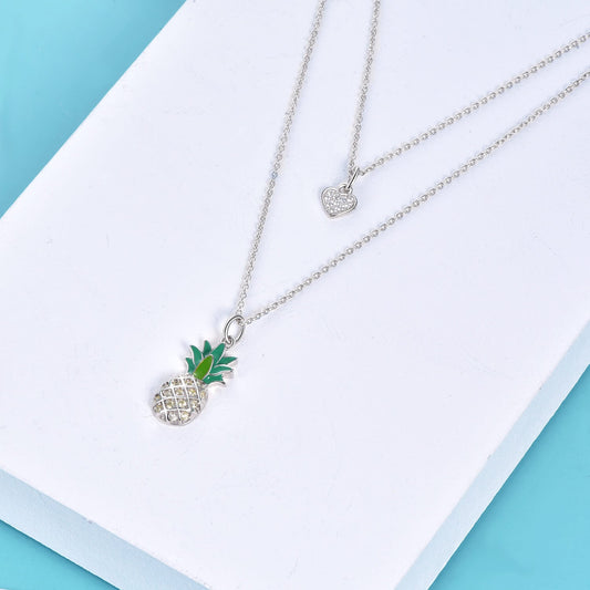 925 Sterling Silver Pineapple Necklace Layered Love Heart Pineapple Pendant Necklace Jewelry Gift for Women Teens Girls - onlyone