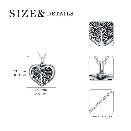 925 Sterling Silver Tree Of Life Heart Shaped Urn Necklace For Ashes Cremation Jewelry for Ashes - onlyone