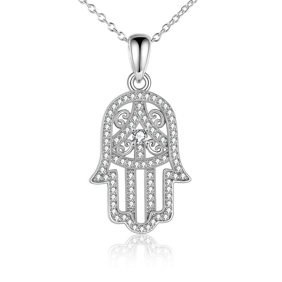 925 Sterling Silver Hamsa Hand Pendant With Cubic Zirconia Necklace - onlyone