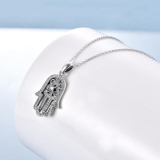 925 Sterling Silver Hamsa Hand Pendant With Cubic Zirconia Necklace - onlyone