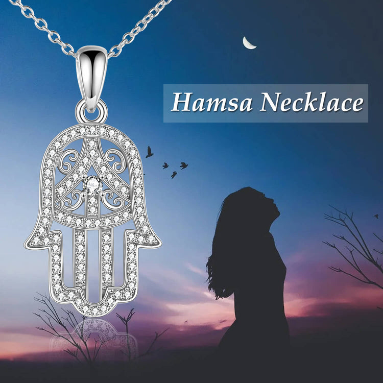 925 Sterling Silver Hamsa Hand Pendant With Cubic Zirconia Necklace - onlyone