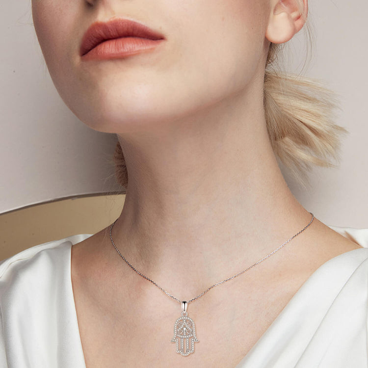 925 Sterling Silver Hamsa Hand Pendant With Cubic Zirconia Necklace - onlyone