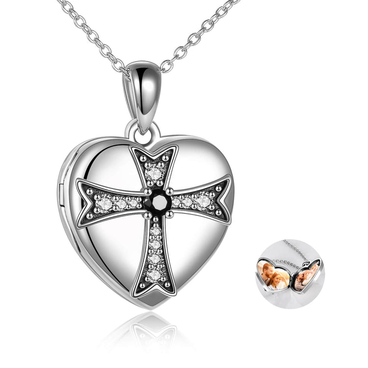 925 Sterling Silver Heart Zirconia Cross Heart Photo Locket Necklace
