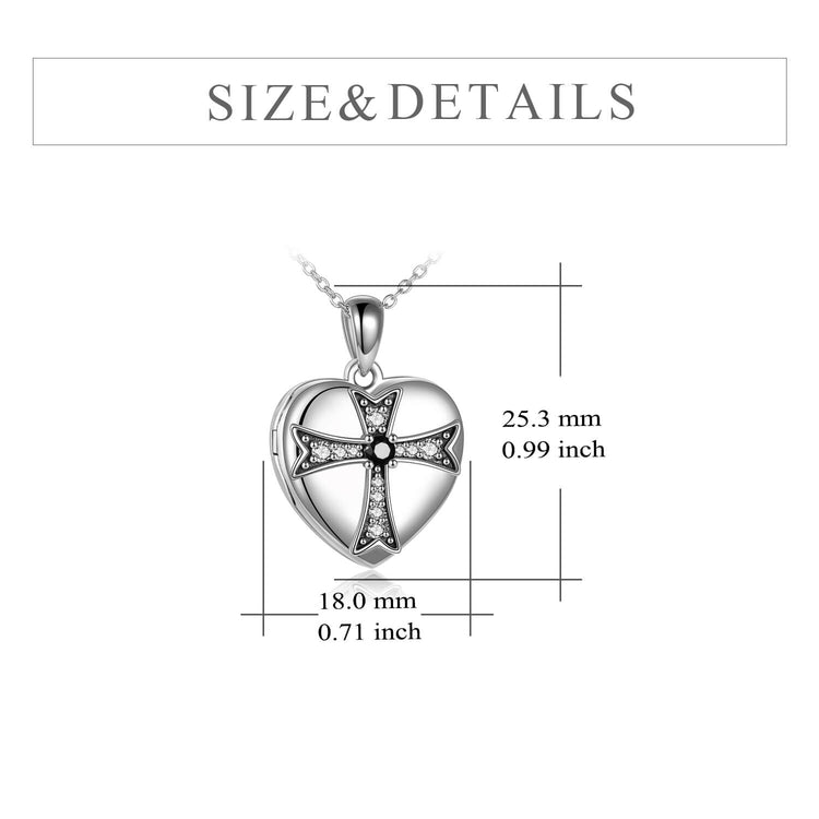 925 Sterling Silver Heart Zirconia Cross Heart Photo Locket Necklace