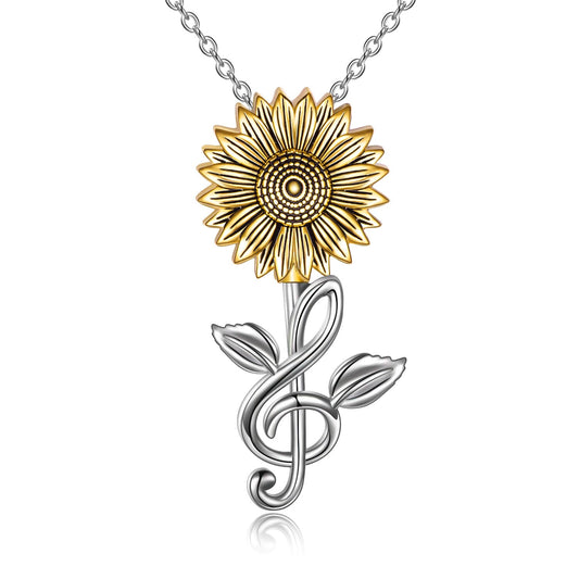 925 Sterling Silver Sunflower With Music Note Pendant Necklace