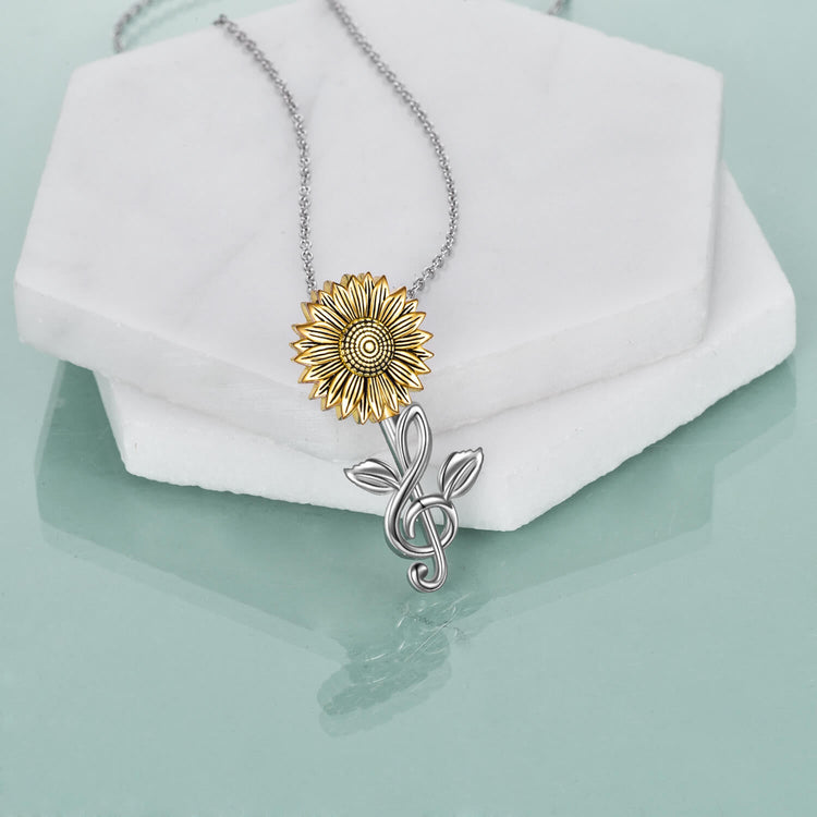 925 Sterling Silver Sunflower With Music Note Pendant Necklace