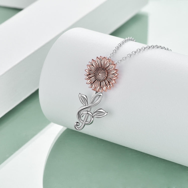 925 Sterling Silver Sunflower With Music Note Pendant Necklace