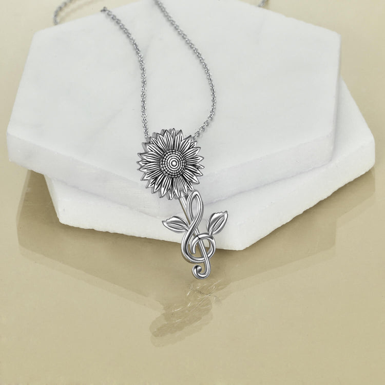 925 Sterling Silver Sunflower With Music Note Pendant Necklace