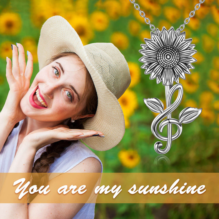 925 Sterling Silver Sunflower With Music Note Pendant Necklace