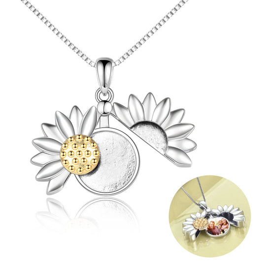 925 Sterling Silver Sunflower Open Locket Photo Pendant Necklace - onlyone