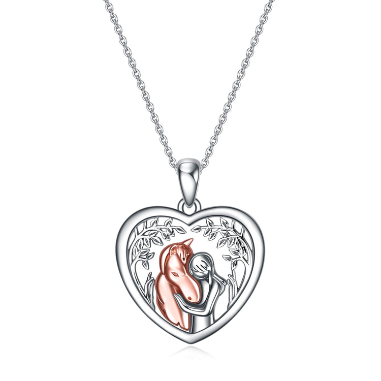 925 Sterling Silver Horse And Girl Heart Pendant Necklace - onlyone