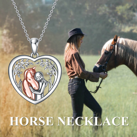 925 Sterling Silver Horse And Girl Heart Pendant Necklace - onlyone