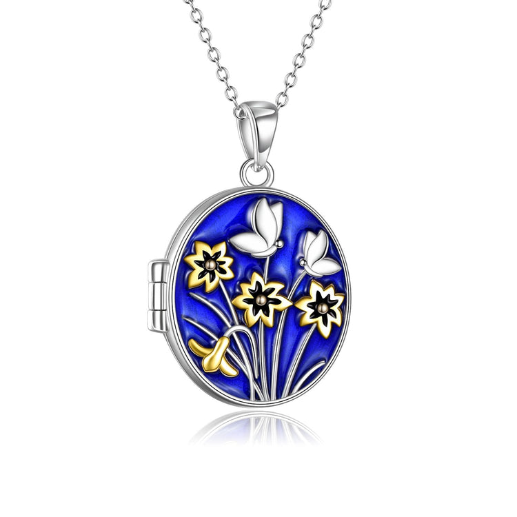 925 Sterling Silver Oval Flower And Butterfly Round Photo Locket Pendant Necklace