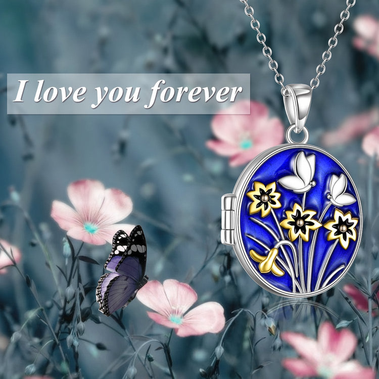 925 Sterling Silver Oval Flower And Butterfly Round Photo Locket Pendant Necklace