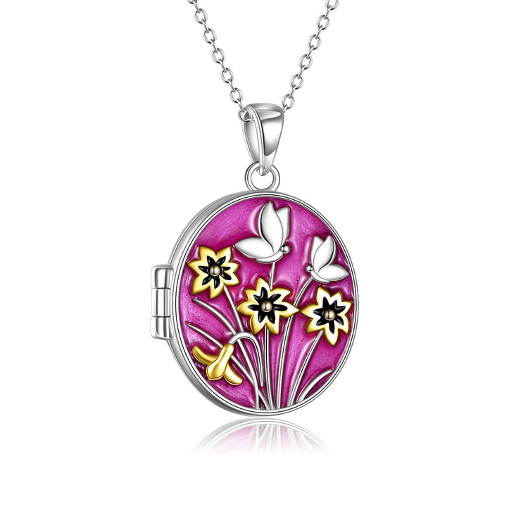 925 Sterling Silver Oval Flower And Butterfly Round Photo Locket Pendant Necklace