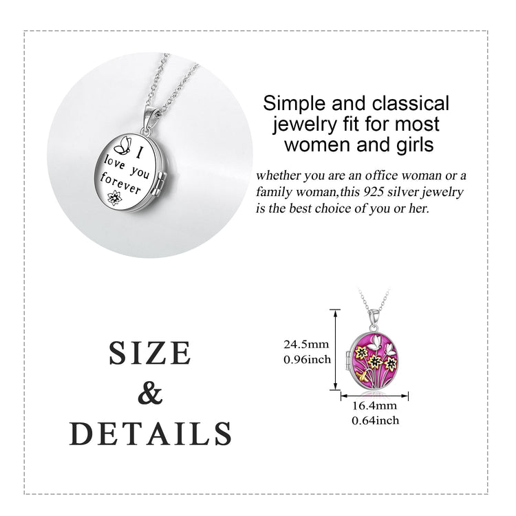 925 Sterling Silver Oval Flower And Butterfly Round Photo Locket Pendant Necklace