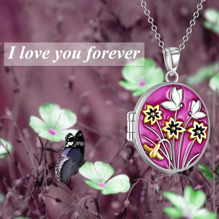 925 Sterling Silver Oval Flower And Butterfly Round Photo Locket Pendant Necklace