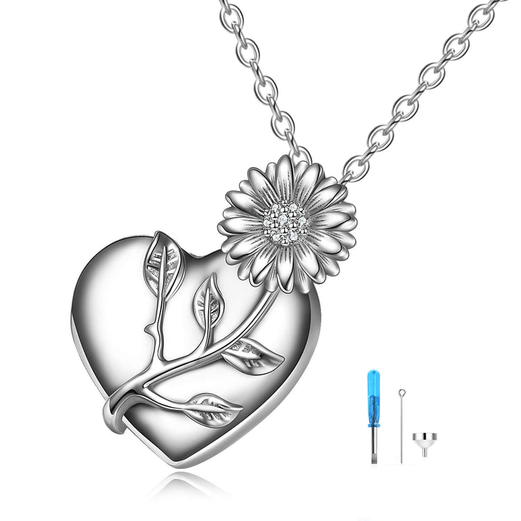 925 Sterling Silver Sunflower Heart Urn Necklace for Ashes Cremation Jewelry for Ashes