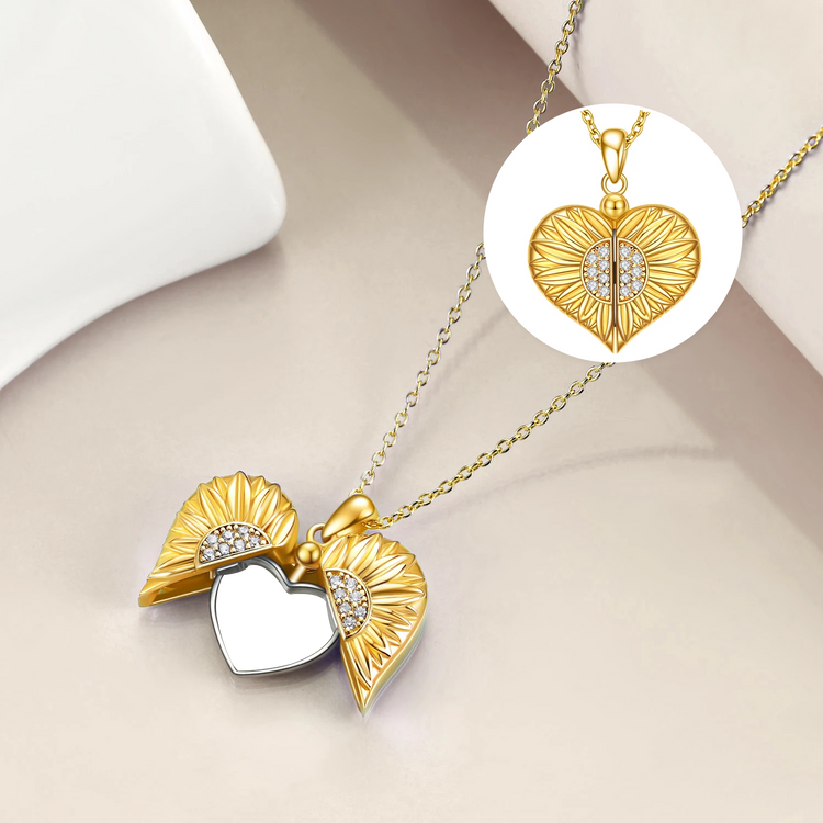 925 Sterling Silver Sunflower Locket Necklace That Holds Pictures Engraved You are My Sunshine Pendant Necklaces Birthday for Her.Heart Photo