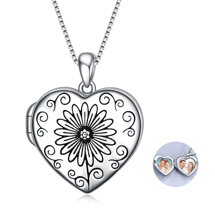 925 Sterling Silver Sunflower Heart Photo Locket Necklace