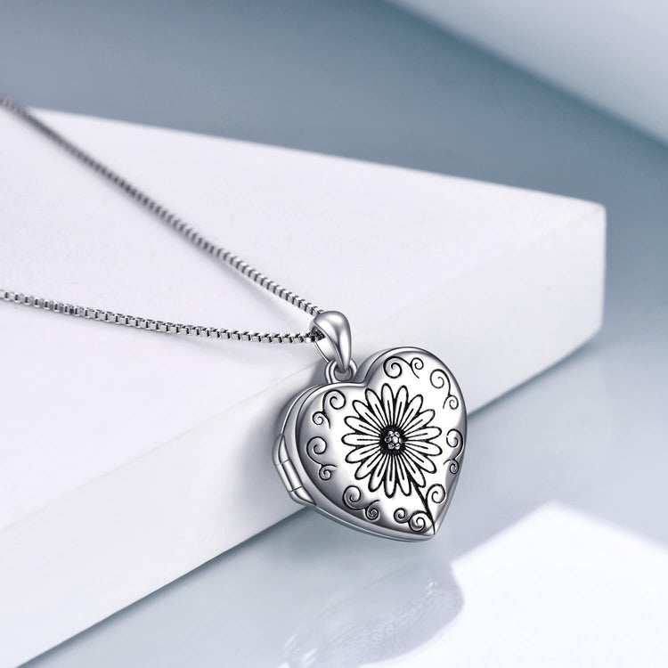 925 Sterling Silver Sunflower Heart Photo Locket Necklace