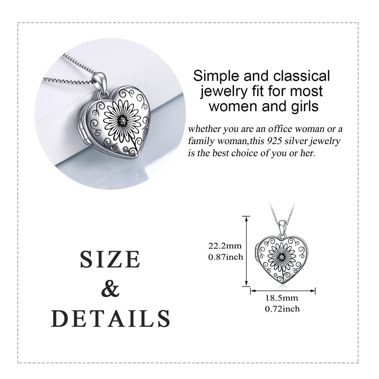 925 Sterling Silver Sunflower Heart Photo Locket Necklace