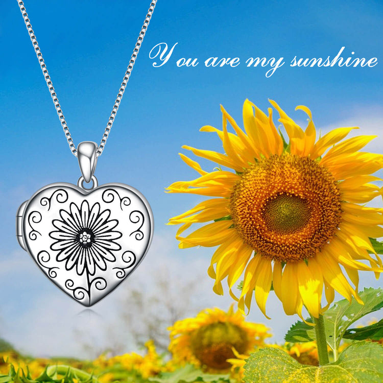 925 Sterling Silver Sunflower Heart Photo Locket Necklace