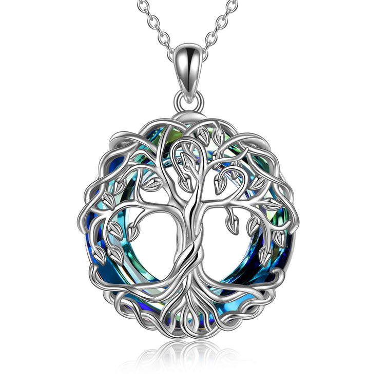 925 Sterling Silver Family Tree Pendant Necklace Tree of Life Necklace Jewelry with Crystal