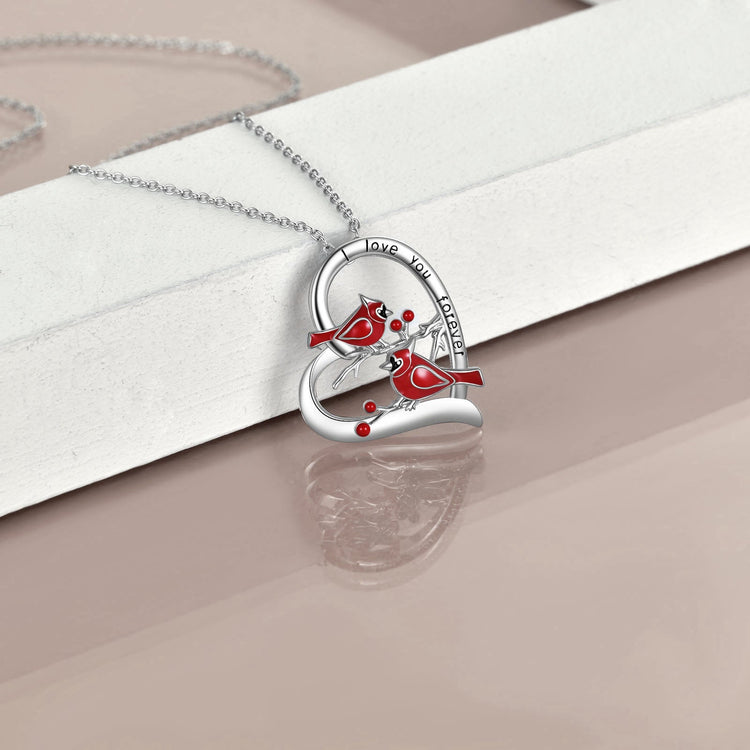 925 Sterling Silver Red Cardinal Heart Necklace