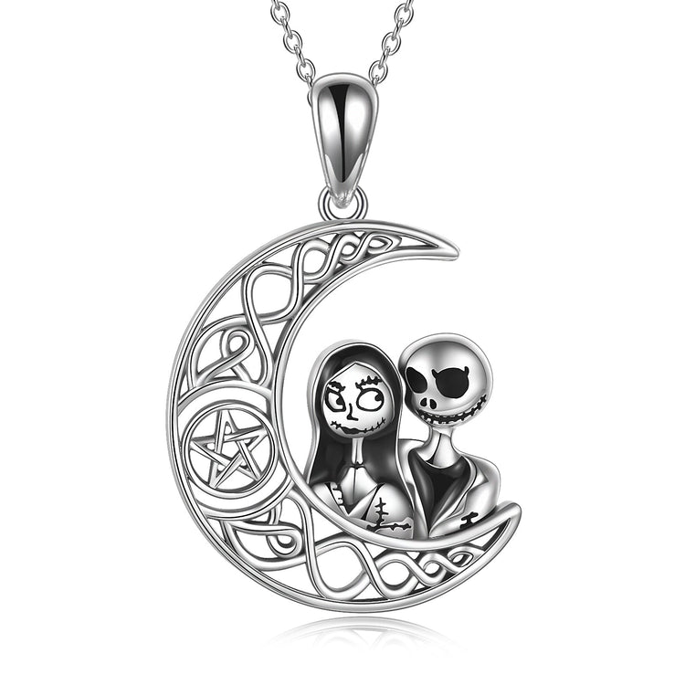 925 Sterling Silver Nightmare Before Christmas Jack Skellington Crescent Moon Pendant Necklace