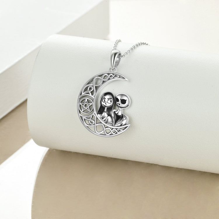 925 Sterling Silver Nightmare Before Christmas Jack Skellington Crescent Moon Pendant Necklace