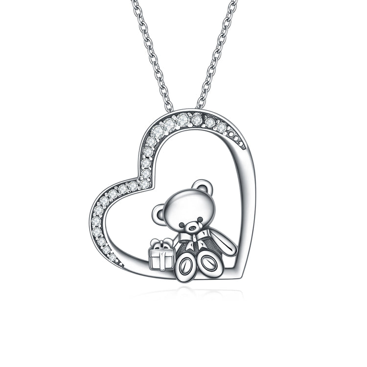 925 Sterling Silver Teddy Bear Heart Pendant Necklace