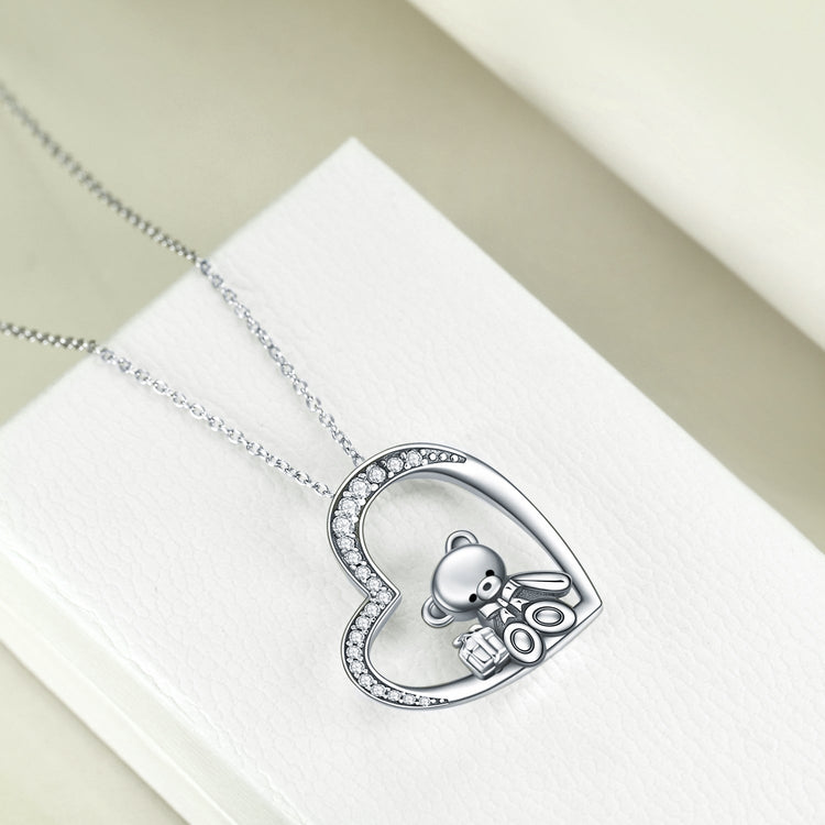 925 Sterling Silver Teddy Bear Heart Pendant Necklace