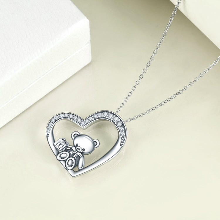 925 Sterling Silver Teddy Bear Heart Pendant Necklace