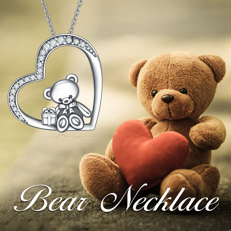 925 Sterling Silver Teddy Bear Heart Pendant Necklace