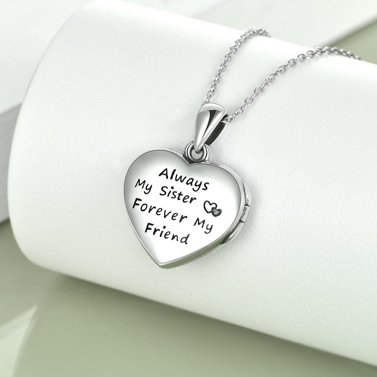 925 Sterling Silver Always My Sister Forever My Friend Heart Photo Locket Necklace